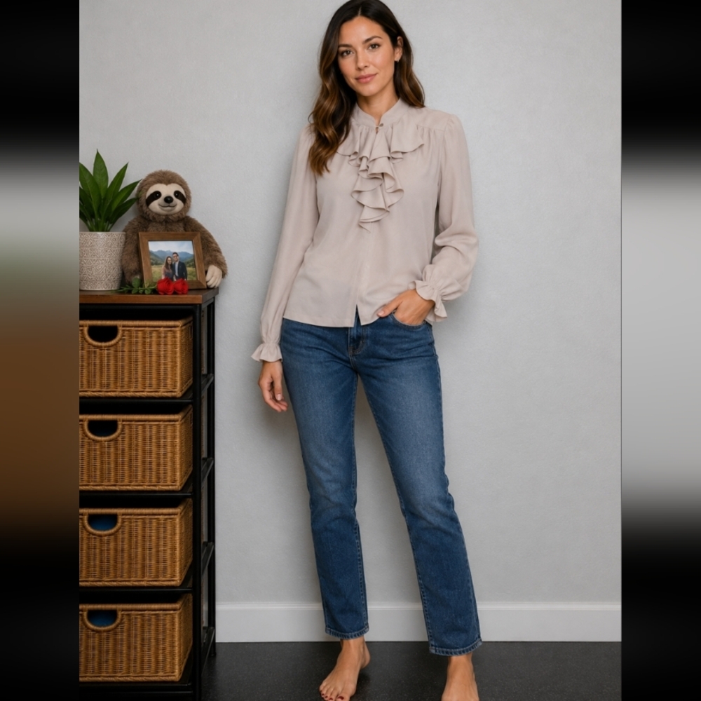 SOLO SPORT San Francisco Vintage Ruffle Blouse Taupe 7/8 M